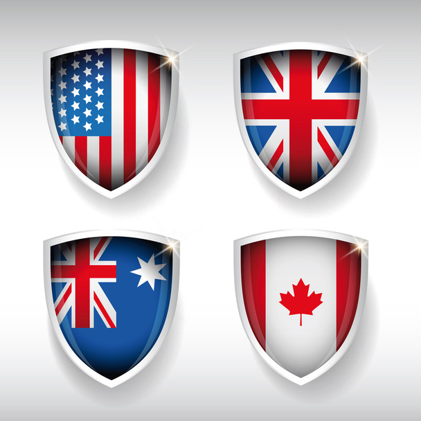 USA, UK, Australia, Canada flag shield - Διάνυσμα, εικόνα