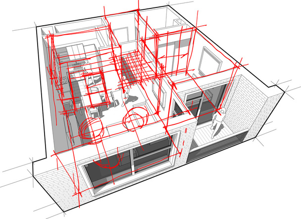 Wohnungsdiagramm mit handgezeichneten Architektenskizzen - Vektor, Bild