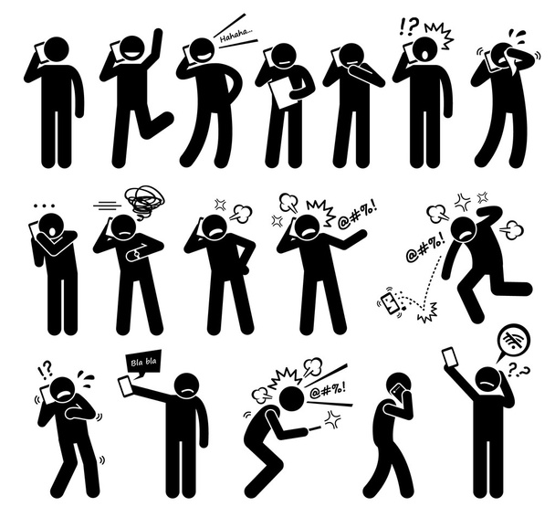 People Expressions Feelings Emotions While Talking on a Cellphone Stick Figure Pictogram Icons - Vector, Image