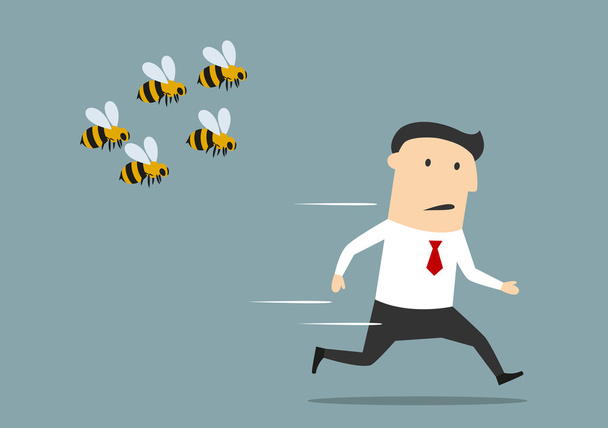 Businessman running away from angry bees - Vector, afbeelding