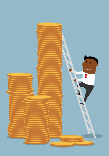 Businessman climbing up to stacks of golden coins - Διάνυσμα, εικόνα