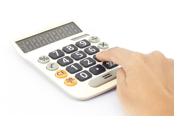 Calculator with hand isolated on white background - Photo, Image