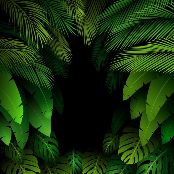 Exotic pattern with tropical leaves on a black background - Vector, Image