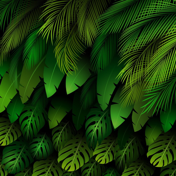 Padrão exótico com folhas tropicais em um fundo preto
 - Vetor, Imagem