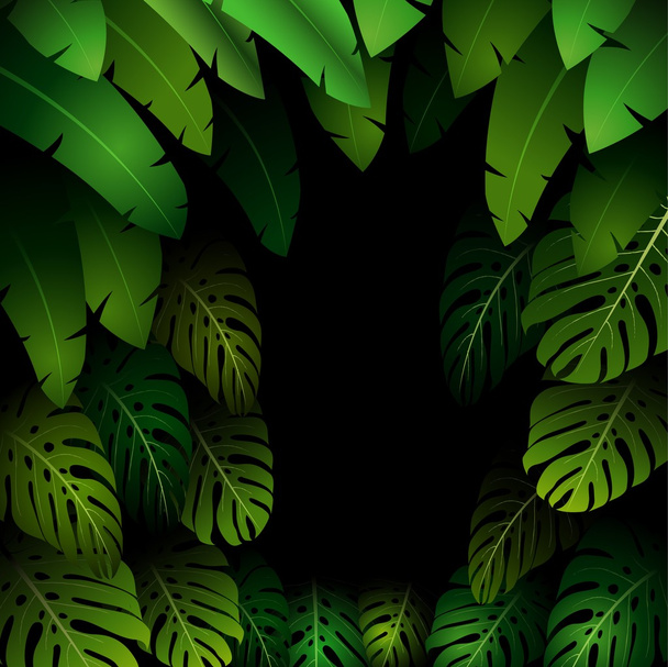Tropikal yaprak siyah bir arka plan ile egzotik desen - Vektör, Görsel