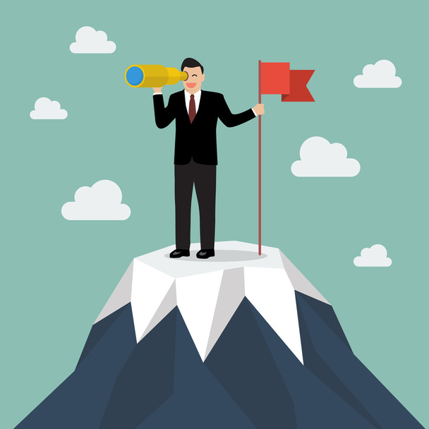 Empresário à procura de futuro de negócios com bandeira em um pico de montanha
. - Vetor, Imagem