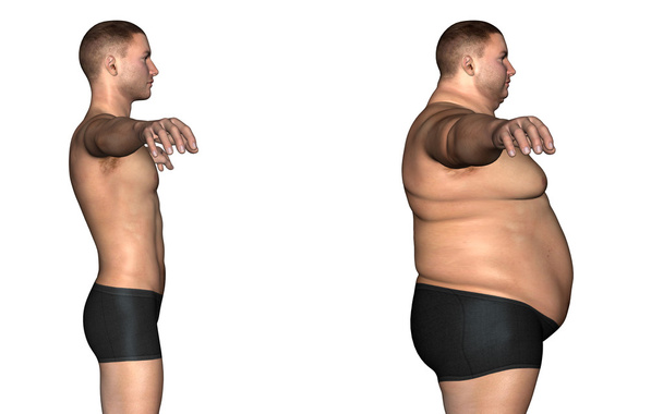 Έννοια ή εννοιολογική 3d λίπους υπέρβαροι vs slim ταιριάζει δίαιτα με μύες νεαρός άνδρας που απομονώνονται σε λευκό φόντο - Φωτογραφία, εικόνα
