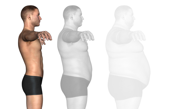Concepto o conceptual de grasa 3D con sobrepeso vs dieta slim fit con músculos jóvenes aislados sobre fondo blanco
 - Foto, Imagen