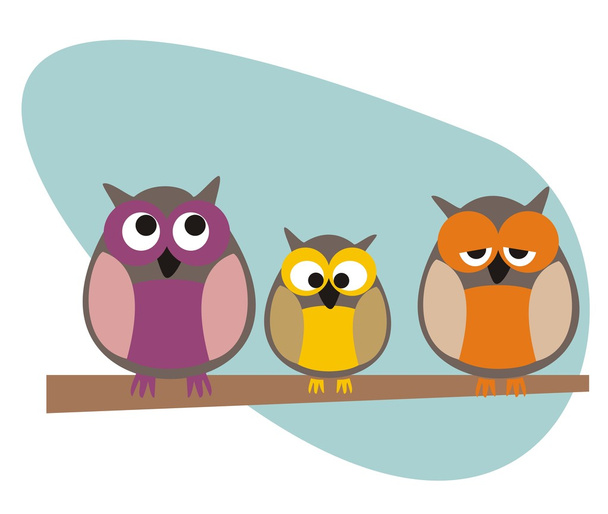 Funny vector owls family sitting on branch - Vettoriali, immagini