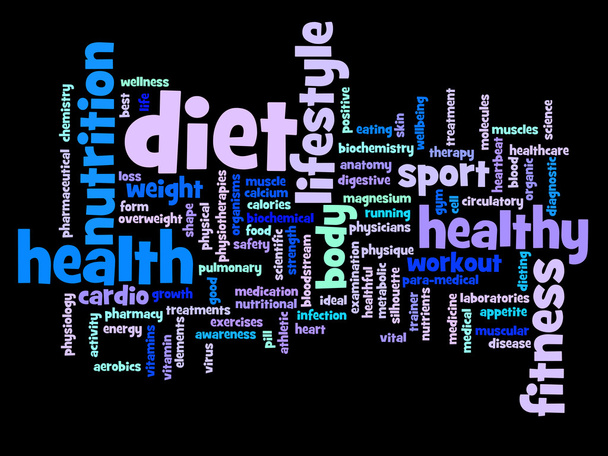 Koncept nebo konceptuální abstraktní zdraví dieta nebo sportovní slovo mrak nebo wordcloud izolovaných na pozadí - Fotografie, Obrázek