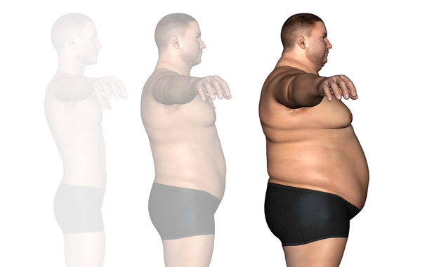 Concept of conceptuele 3d vet overgewicht vs slanke passen dieet met jonge man spieren geïsoleerd op witte achtergrond - Foto, afbeelding