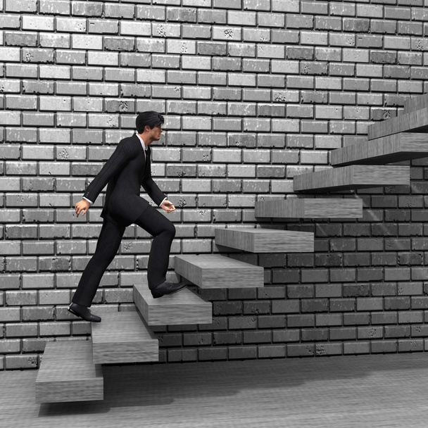 Έννοια ή εννοιολογική 3d άνθρωπος ή επιχειρηματίας αναρρίχηση σε μια σκάλα ή βήματα κοντά σε ένα τοίχο φόντο - Φωτογραφία, εικόνα
