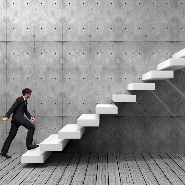 Concepto o conceptual 3D hombre o hombre de negocios subiendo en una escalera o pasos cerca de un fondo de pared
 - Foto, Imagen