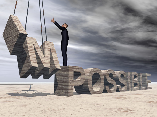 Concept conceptuel 3D homme d'affaires debout sur pierre abstraite texte impossible sur fond de ciel
 - Photo, image
