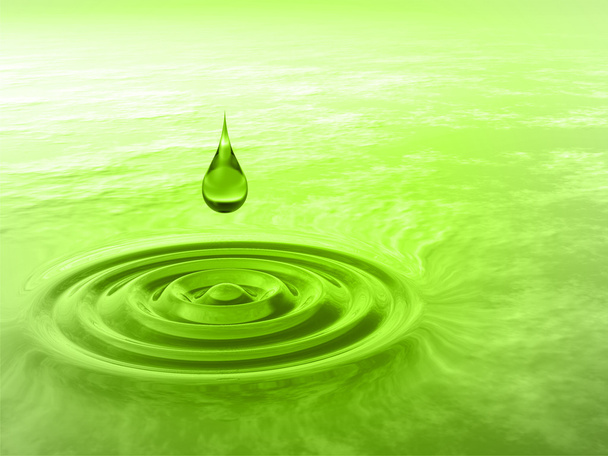 Concept or conceptual green liquid drop falling in water with ripples and waves background - Photo, Image