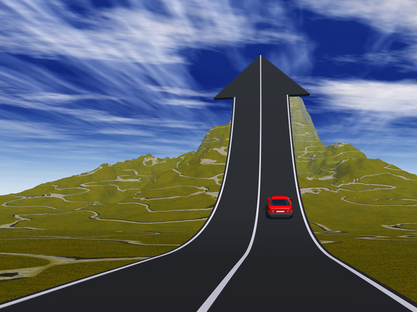 Concept or conceptual 3D red car on arrow road pointing up,upward over a mountain to sky background - Photo, Image