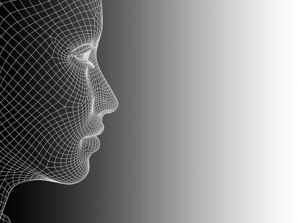 Έννοια ή εννοιολογική 3d wireframe νεαρό ανθρώπινο θηλυκό ή γυναίκα πρόσωπο ή κεφάλι σε άσπρο μαύρο φόντο - Φωτογραφία, εικόνα