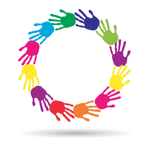 Concept of conceptuele cirkel of spiraal set gemaakt van kleurrijke geschilderde mensenhanden geïsoleerd op witte achtergrond - Foto, afbeelding