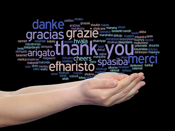 Concept or conceptual abstract thank you word cloud held in hands in different languages or multilingual for education or Thanksgiving Day - Photo, Image