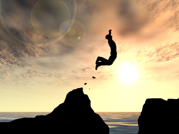 Concept ou concept jeune homme ou homme d'affaires silhouette saut heureux de falaise sur l'écart d'eau coucher de soleil ou lever de soleil ciel arrière-plan
 - Photo, image