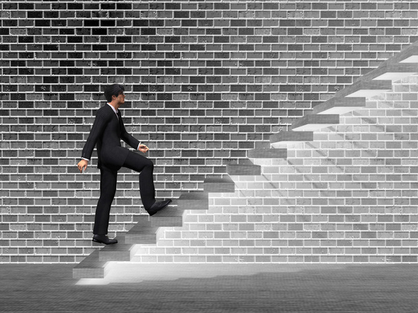 Conceito ou conceitual homem 3D ou homem de negócios subindo em uma escada ou passos perto de um fundo de parede
 - Foto, Imagem