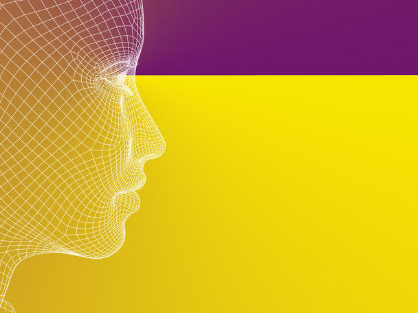 Concepto o conceptual 3D wireframe joven humano mujer o mujer cara o cabeza sobre fondo violeta amarillo
 - Foto, Imagen
