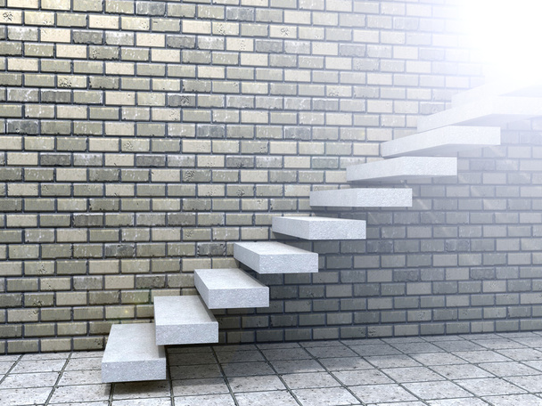 Concept ou escalier conceptuel en pierre blanche ou en béton ou marches près d'un fond de mur de briques avec du bois
 - Photo, image