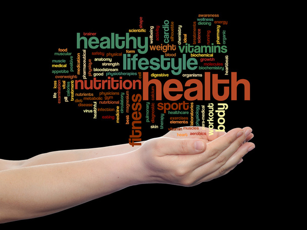 Concept or conceptual abstract health, nutrition or diet word cloud in human man hand isolated on background - Photo, Image