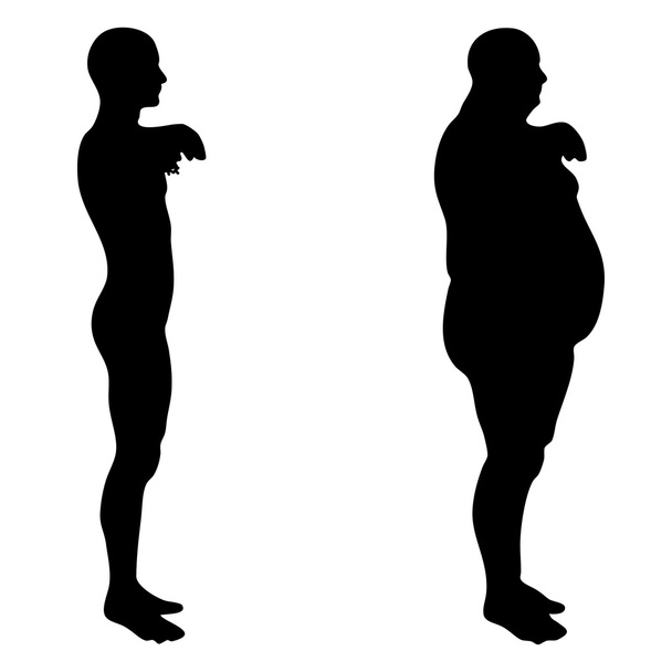Концепция или концептуальные 3D жир лишний вес против стройный диета с мышцами молодой человек силуэт изолирован на белом фоне
 - Фото, изображение
