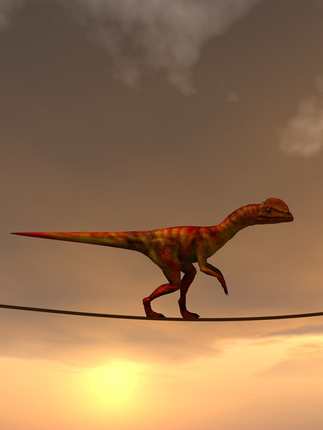 Konzept oder konzeptionelle abstrakte Business-Metapher als wilder schwerer Dinosaurier, der auf einem Seil über dem Himmel bei Sonnenuntergang balanciert - Foto, Bild