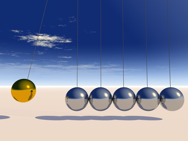 概念または概念の 3 d 金属銀と金の創造的な球の空背景にニュートンのゆりかごの振り子 - 写真・画像