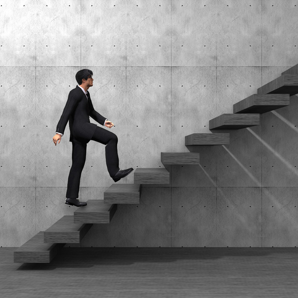 Concepto o conceptual 3D hombre o hombre de negocios subiendo en una escalera o pasos cerca de un fondo de pared
 - Foto, imagen