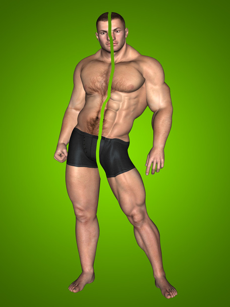 Konzept oder konzeptionelle 3D starke junge männliche Bodybuilder vor und nach auf grünem Hintergrund - Foto, Bild