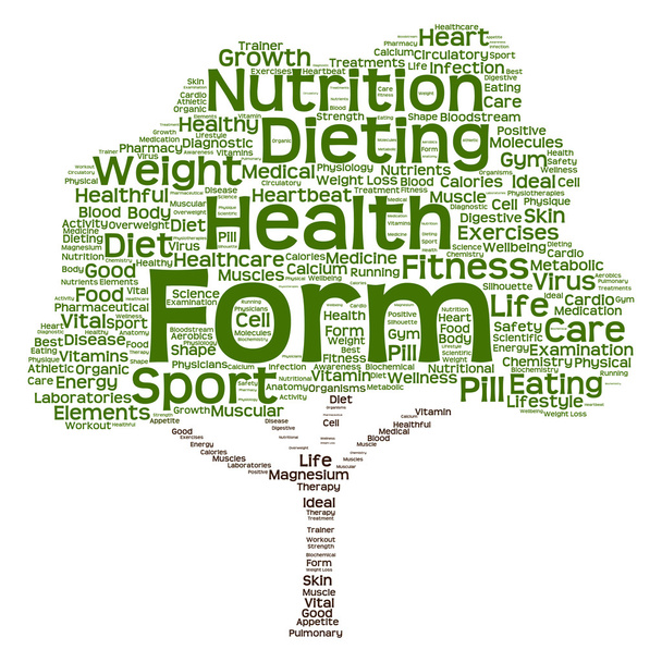 Concept ou santé conceptuelle ou régime alimentaire mot texte vert nuage ou tagcloud arbre isolé sur fond blanc
 - Photo, image