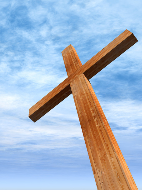 Concept or conceptual wood cross or religion symbol shape over a blue sky with clouds background - Photo, Image