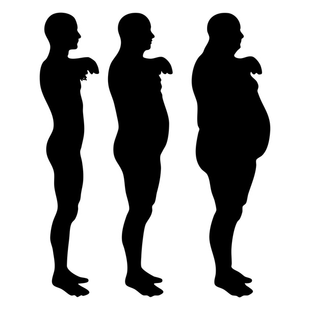 Concept of conceptuele 3d vet overgewicht vs slanke passen dieet met spieren jongeman silhouet geïsoleerd op witte achtergrond - Foto, afbeelding