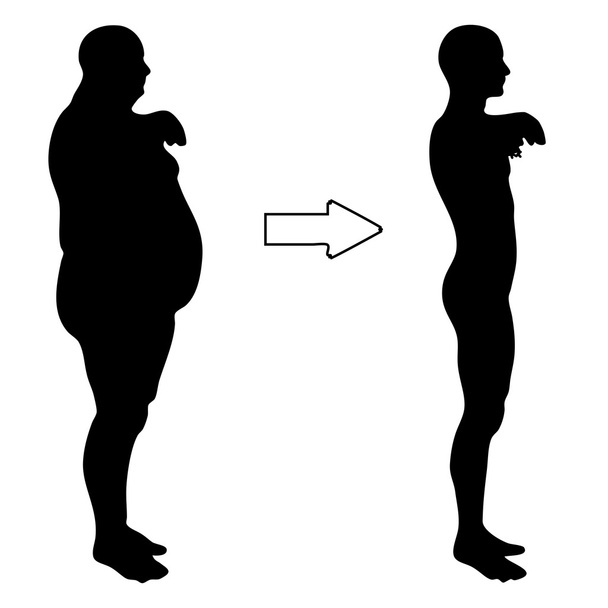 Concept ou concept 3D graisse en surpoids vs alimentation slim fit avec muscles jeune homme silhouette isolée sur fond blanc
 - Photo, image