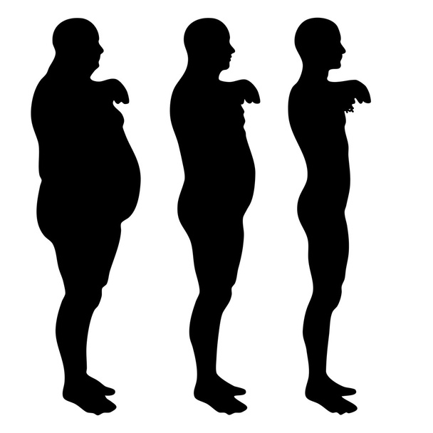 Conceito ou conceitual 3D de gordura sobrepeso vs dieta slim fit com músculos silhueta jovem isolado em fundo branco
 - Foto, Imagem