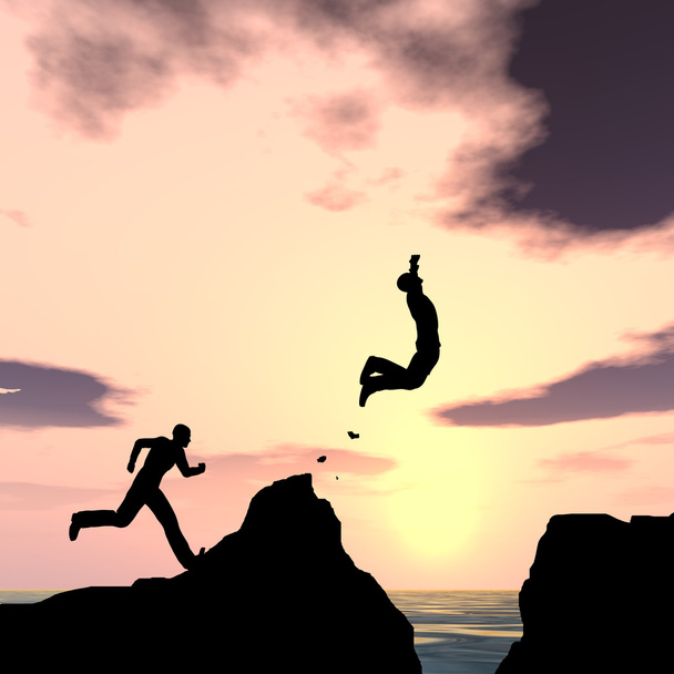 Concept or conceptual 3D young man or businessman silhouette jump happy from cliff over water gap sunset or sunrise sky background - Photo, Image