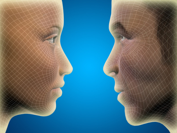Concept of conceptuele 3d draadframe of mesh menselijke mannelijke en vrouwelijke hoofd op blauwe achtergrond met kleurovergang - Foto, afbeelding