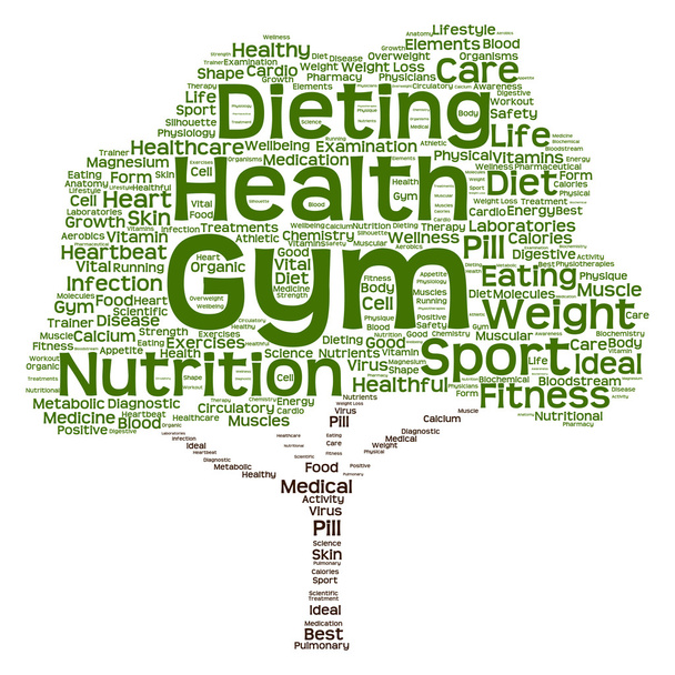 Concepto o salud conceptual o dieta texto verde palabra nube o árbol tagcloud aislado sobre fondo blanco
 - Foto, imagen