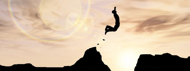 Concepto o conceptual hombre joven o hombre de negocios silueta salto feliz desde el acantilado sobre la brecha puesta del sol o amanecer cielo bandera fondo
 - Foto, imagen