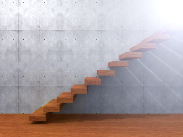 Conceito ou madeira marrom conceitual ou escada de madeira ou passos perto de um fundo de parede no chão
 - Foto, Imagem