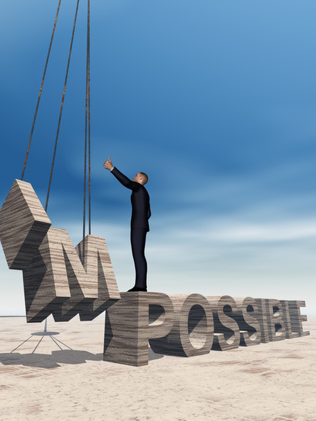 Концепция концептуального 3D бизнес-человека, стоящего над абстрактным камнем невозможный текст на фоне неба
 - Фото, изображение