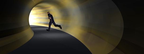 Konzept oder konzeptionelle 3D-Geschäftsmann, dunkler Straßentunnel mit hellem Licht am Ende Hintergrund Banner - Foto, Bild