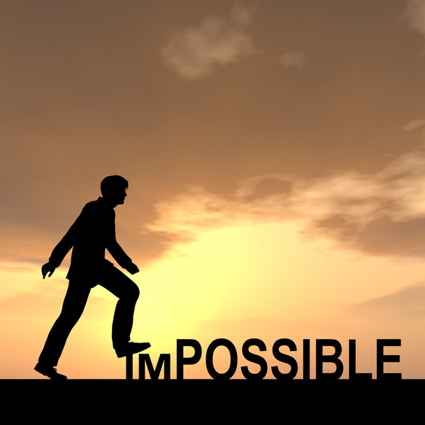 Concept conceptual 3D human man or businessman as black silhouette stepping over impossible or possible text at sunset - Photo, Image