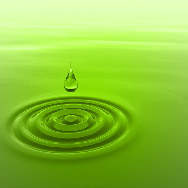 Concepto o gota de líquido verde conceptual que cae en el agua con ondulaciones y ondas de fondo
 - Foto, Imagen
