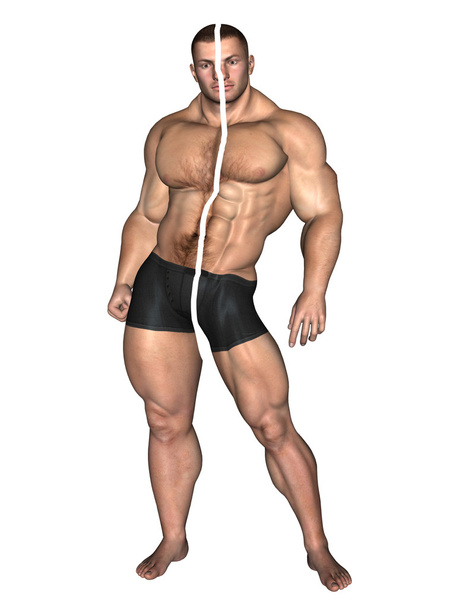 Concept or conceptual 3D strong young male man bodybuilder before and after isolated on white background - Foto, Bild