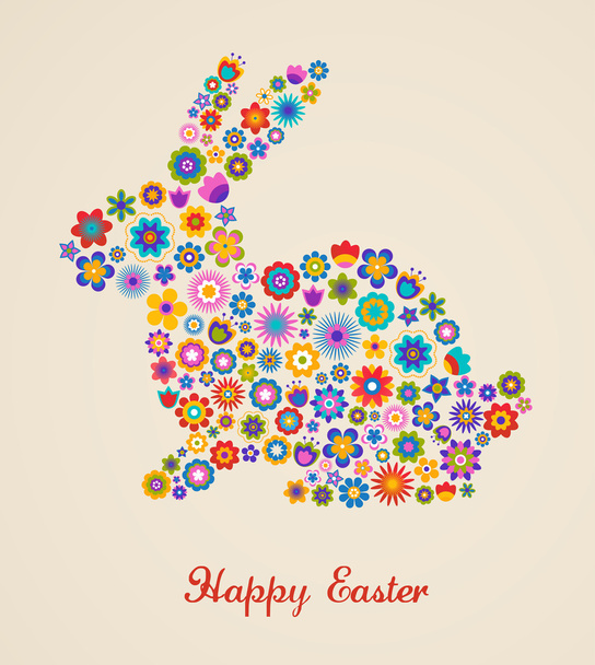 Easter greeting card with bunny and flowered pattern - Vector, Image
