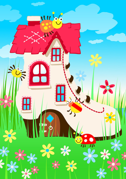 Взуттєвий будинок з жучками та квітами
 - Вектор, зображення
